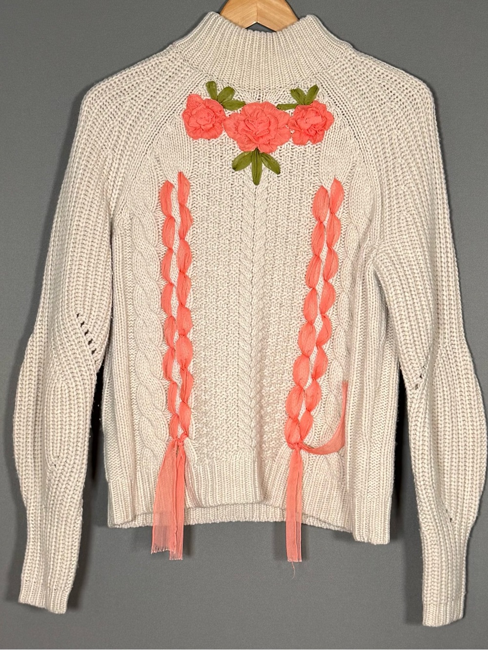 Manoush Merino Wool Cable Knit Floral Embroidered Sweater Cream Coquette Pink S
